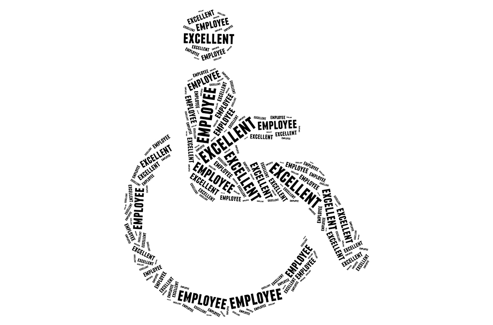 Tag or word cloud disability related in shape of human on wheelchair