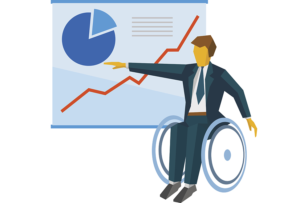A graphic image of a man dressed in a suit, sitting in a wheelchair, pointing at a screen that shows a blue pie chart and red line going up.