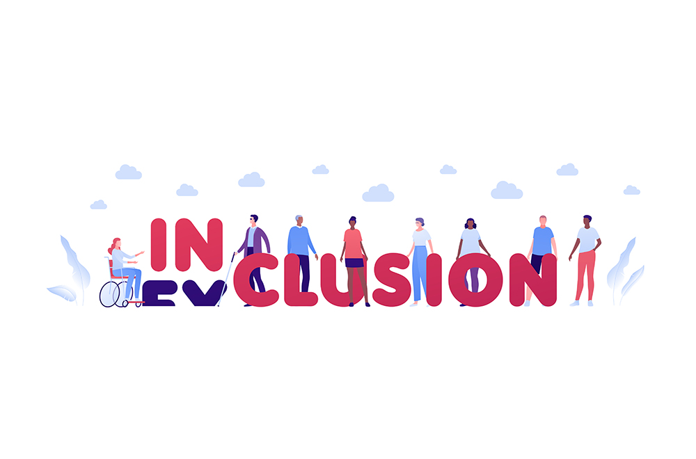 Inclusion and diversity concept. Vector flat people character illustration. Inclusion word replace exclusion. Multicultural and multinational men and women. Female in wheelchair and blind male.