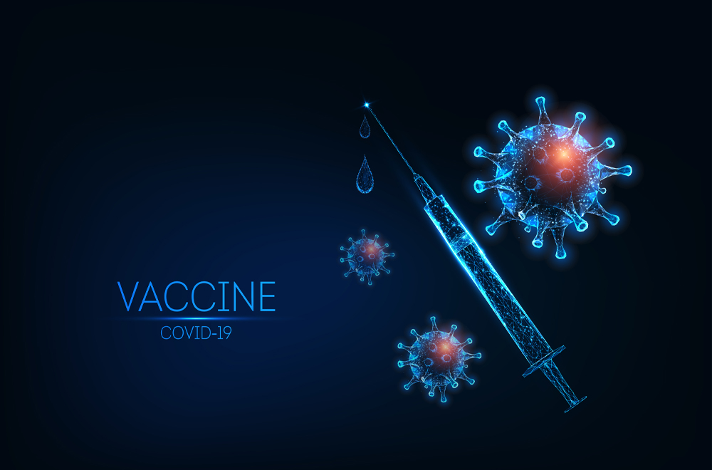 Futuristic coronavirus Covid-19 vaccine concept with glowing low polygonal syringe and virus cells on dark blue background. Modern wire frame mesh design vector illustration.