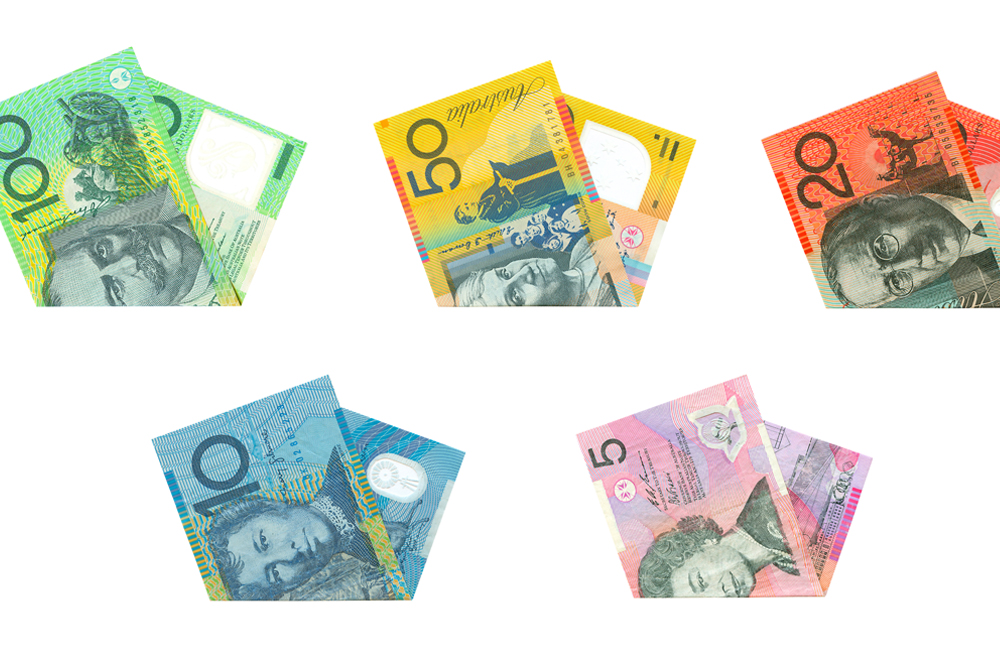 Set of Australian dollars on white background