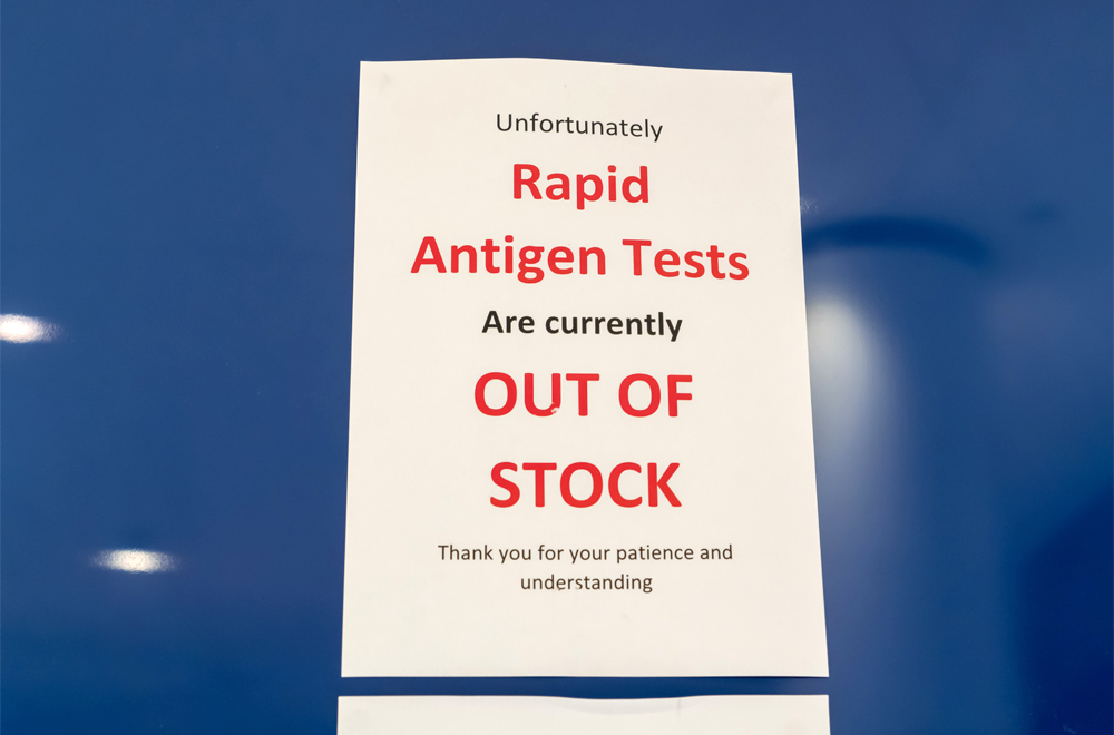 COVID-19 Rapid Antigen test out of stock in Australia. Notice on the pharmacy window in New South Wales