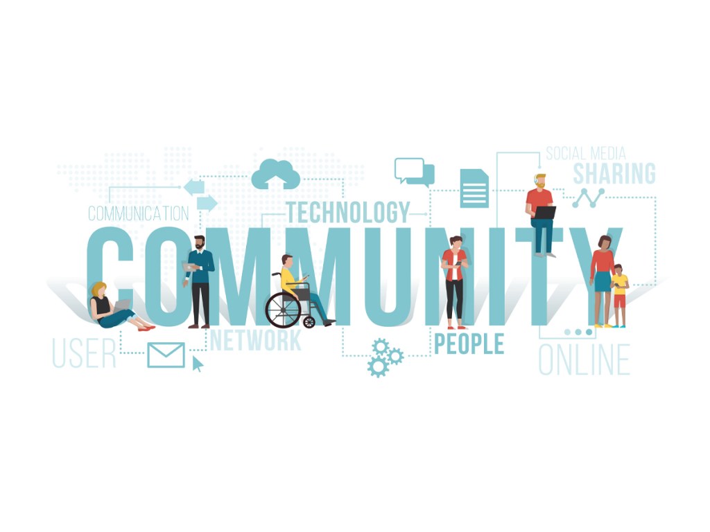 People connecting using smartphones and laptops, they are different but they are communicating together and sharing contents in the same community