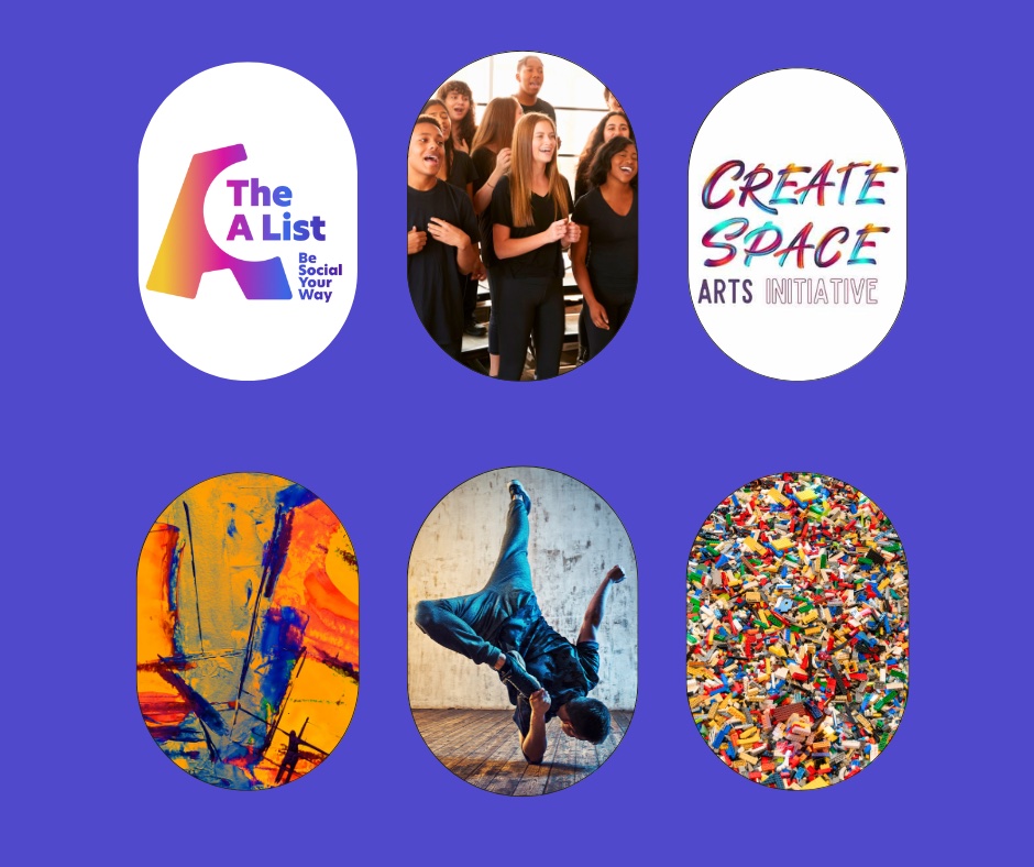 A poster about Create Space, featuring logos of the project and The A List, and small pictures of people doing fun activities, all on a purple background.