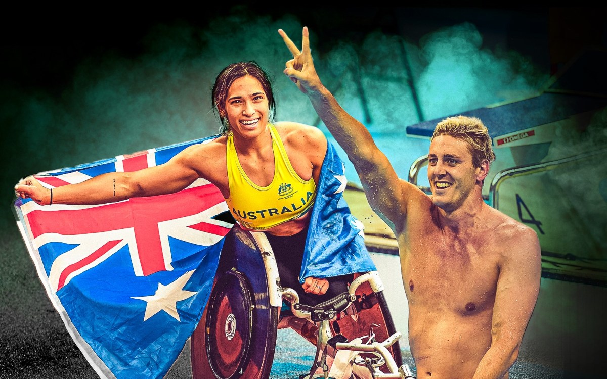 A composite image of two Australian athletes: one, a young woman in a wheelchair holding the Australian flag, and the other, a young man giving the peace sign. He is shirtless.