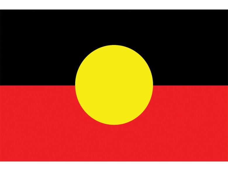 The Australian Aboriginal or First Nations flag, with a red bottom half, black top half and yellow circle in the middle