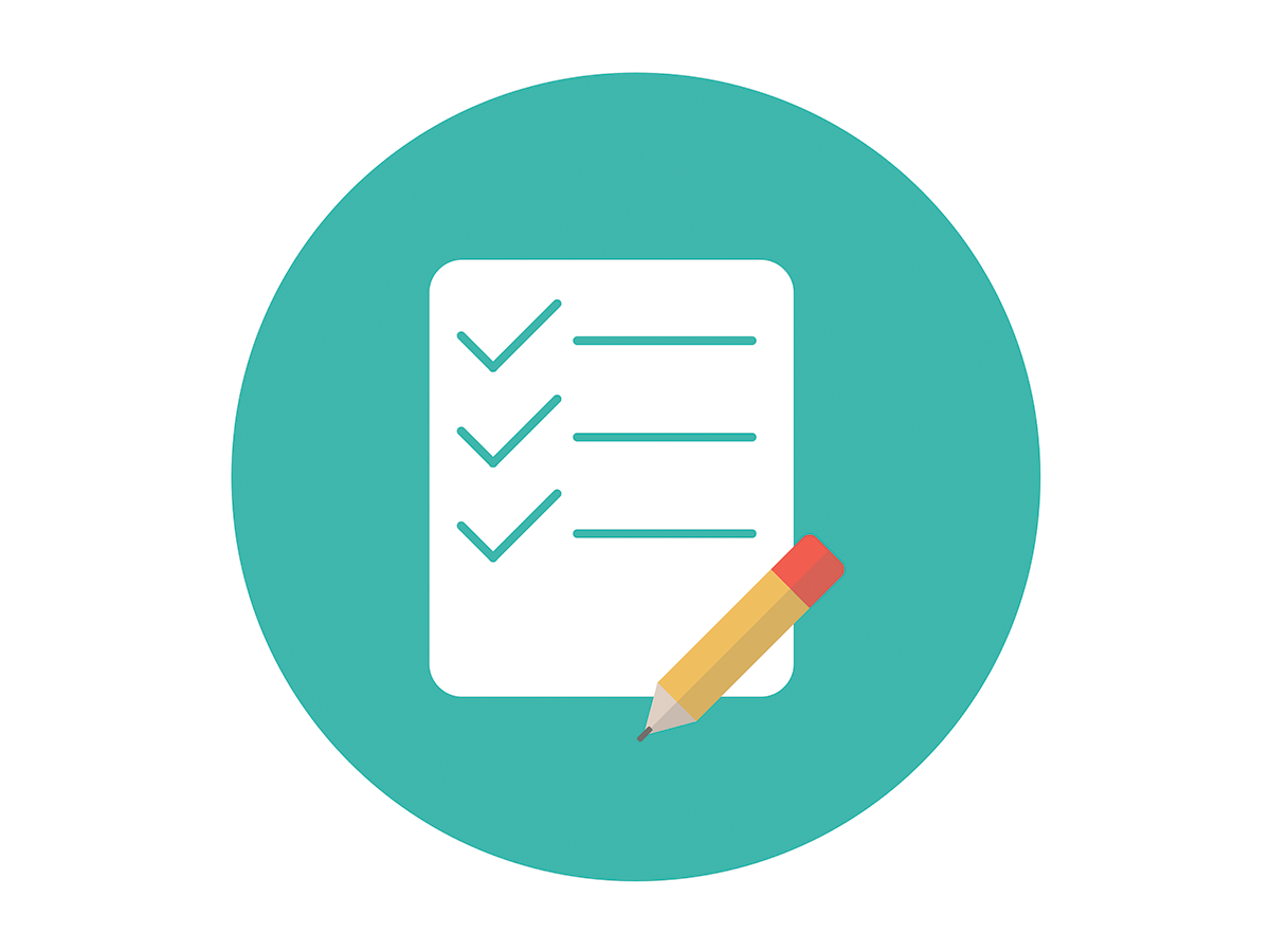 A graphic of a green circle with a white piece of paper in the middle with a checklist on it, and a pencil on top.