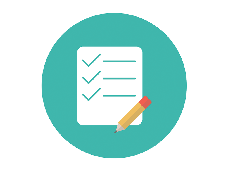 A graphic of a green circle with a white piece of paper in the middle with a checklist on it, and a pencil on top.