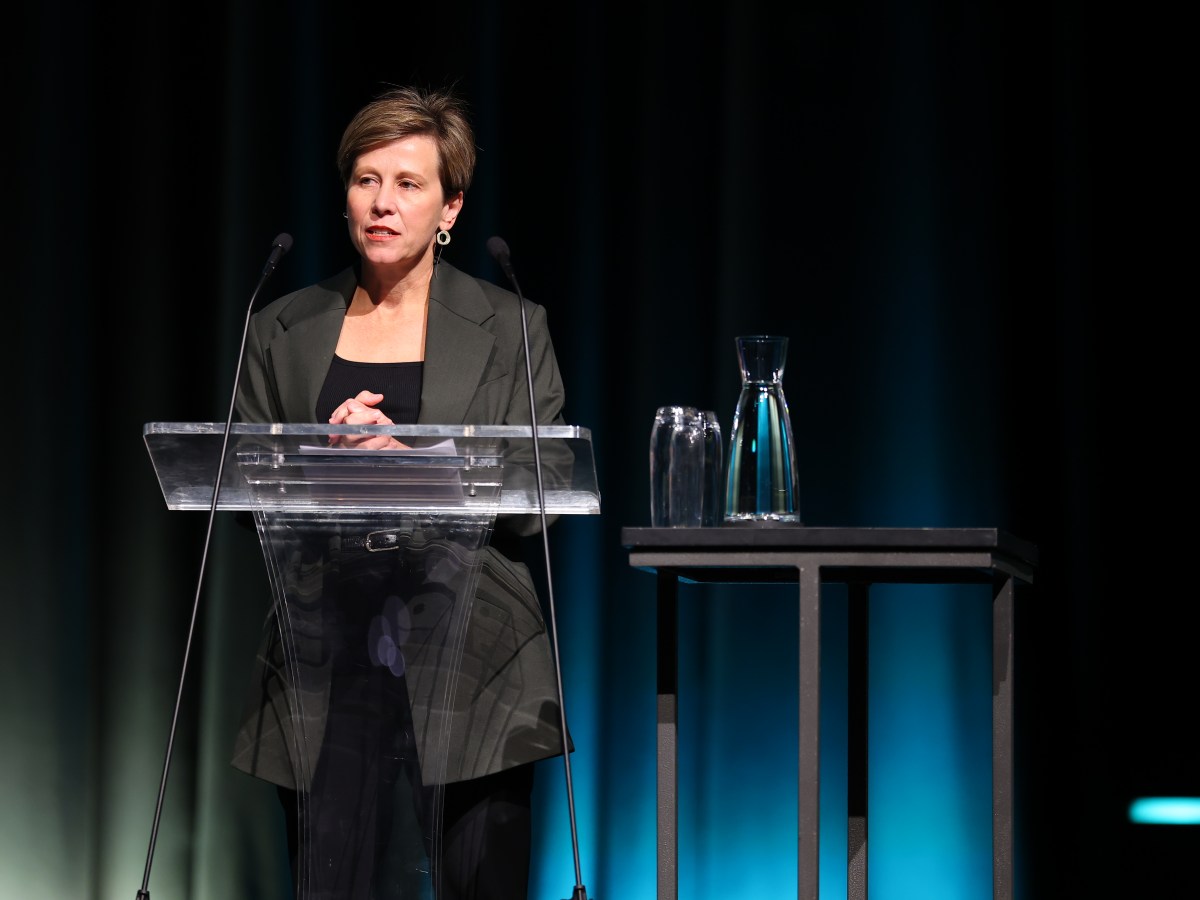 Jenny McAllister, a middle-aged woman with short brown hair, stands on stage behind a lectern. She is speaking. She is wearing a grey blazer.