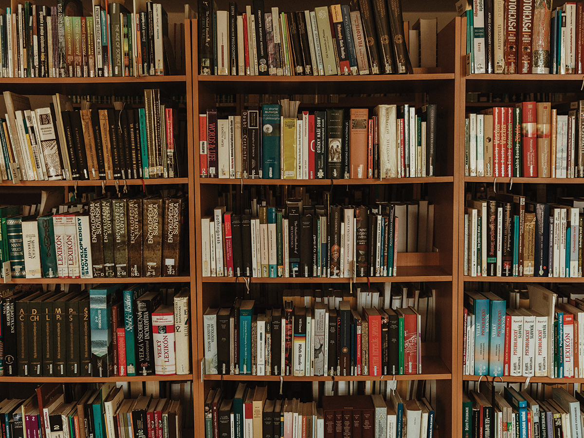 Wooden shelves filled with books