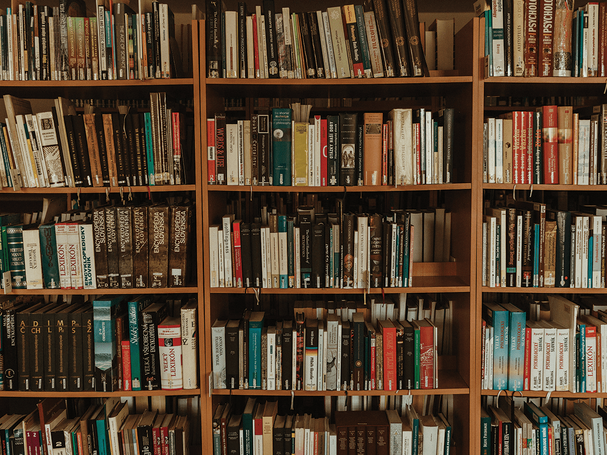 Wooden shelves filled with books