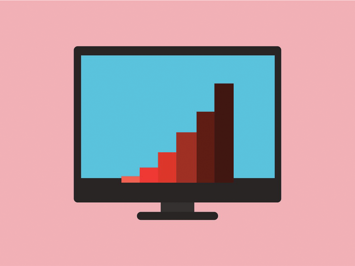 A graphic of a column graph with red columns transitioning to black, increasing. They are on a blue computer screen against a pink background.
