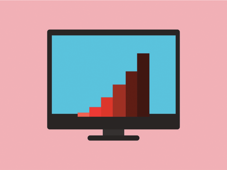 A graphic of a column graph with red columns transitioning to black, increasing. They are on a blue computer screen against a pink background.