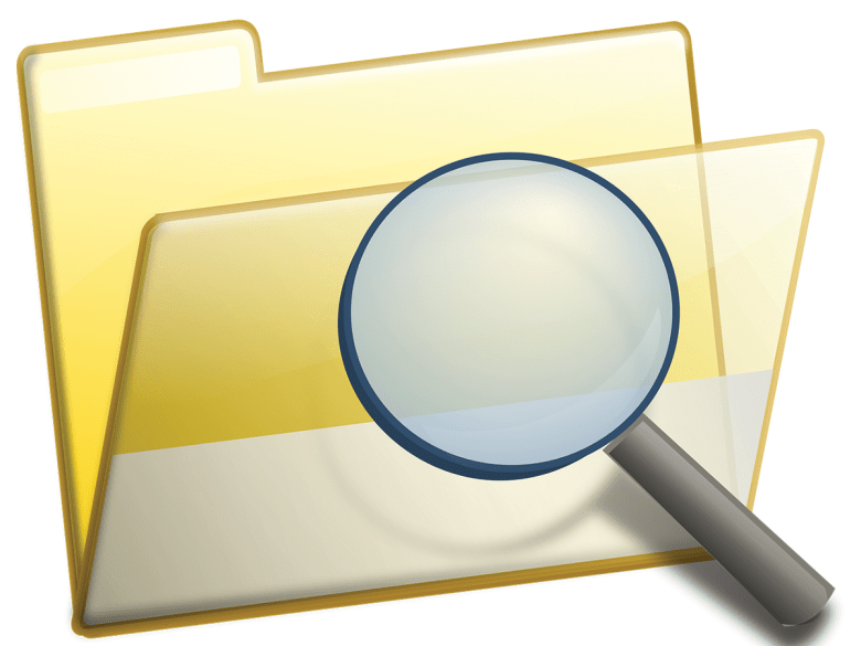 A graphic image of a magnifying glass hovering over a yellow folder like what you see on a computer.