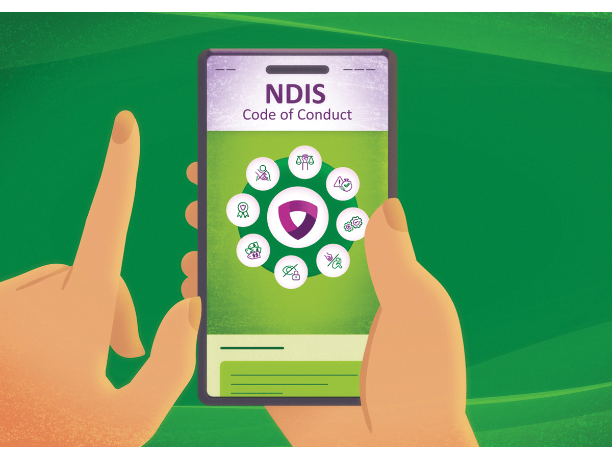 A graphic image of two hands holding a smartphone with the NDIS Code of Conduct on it.
