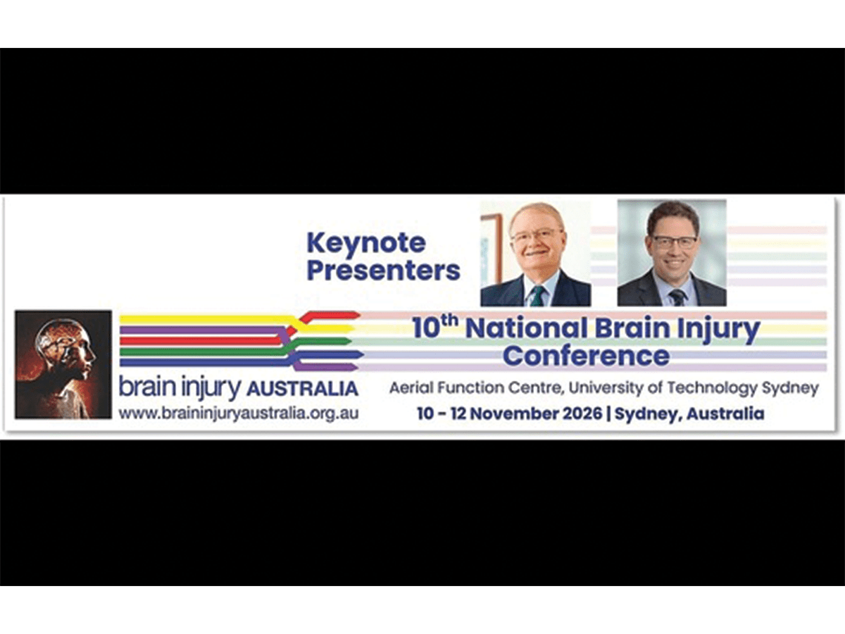 A screenshot of the brain injury conference banner showing keynote speakers and with details of the date and place the conference will be held.